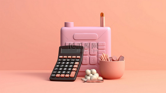 稻草人钱包背景图片_计算器和钱包的 3D 渲染与货币图表图是粉红色背景下投资储蓄和金融的概念
