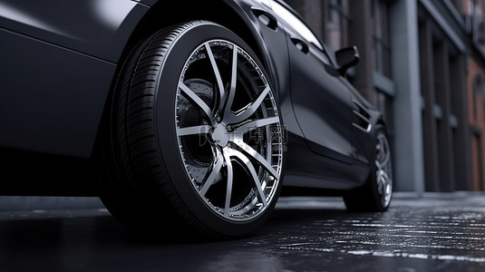 合金轮毂和黑色轮胎在街道上以 3d 呈现