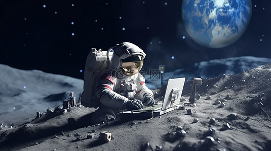 地球月球背景图片_宇航员在通过 3D 渲染描绘的月球殖民地的笔记本电脑上进行太空研究