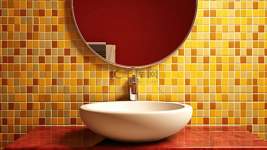 带有大黄色墙镜的马赛克勃艮第瓷砖浴室水槽的 3D 渲染