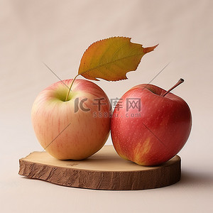 木架上的两个苹果，上面有落叶