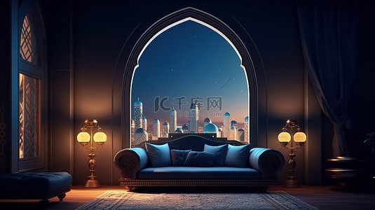 平遥古城素材背景图片_阿拉伯房间的 3D 插图，配有家具拱形窗户阳台和古城夜景