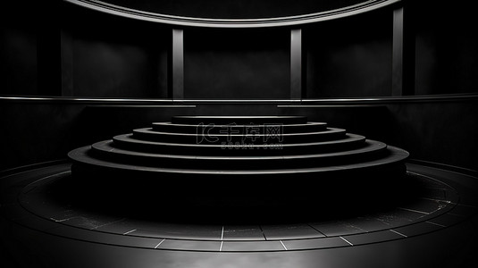 黑金奢华背景图片_圆形底座 3D 讲台，光滑黑色饰面