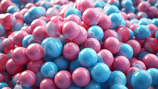极简主义海报，带有 3D 渲染的粉色和蓝色混沌球体，带有气泡