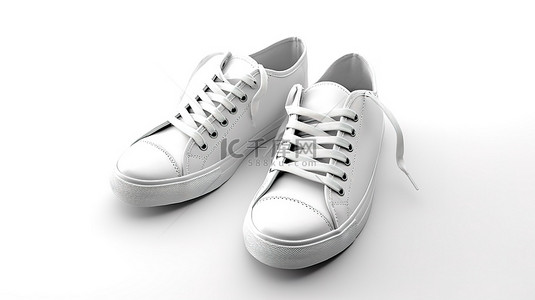 干净的白色表面上的时尚无品牌白色运动鞋 3D 渲染图像