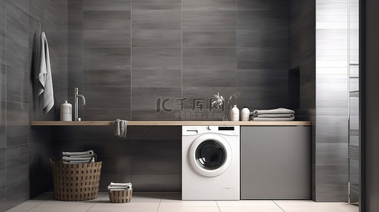 感应洗手液背景图片_现代卫生间设计，采用光滑的灰色瓷砖和内置洗衣机 3D 渲染