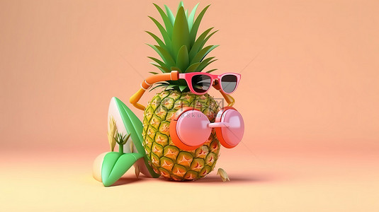 菠萝海背景图片_戴着太阳镜的菠萝和戴着耳机的火烈鸟在 3D 漂浮物上，有文字空间