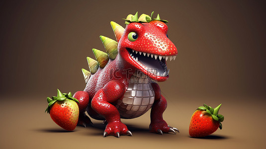 异想天开的 3d 恐龙艺术品拿着多汁的草莓