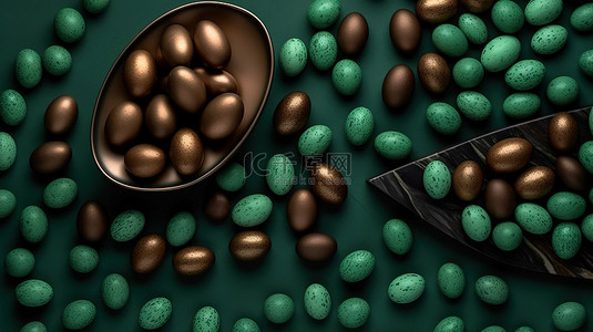 桌子上美食背景图片_从上面深绿色桌子上的复活节巧克力蛋的 3D 渲染