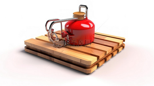 破上背景图片_创新燃料理念木制捕鼠器，白色背景 3D 渲染上带有红色金属罐