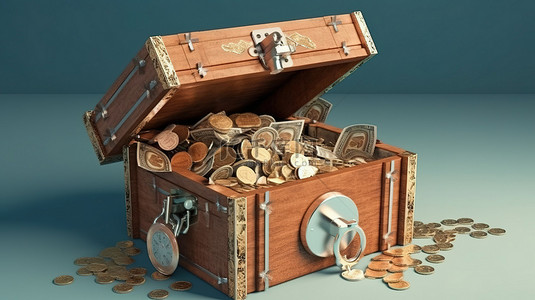 确保您的储蓄 3D 插图的保险箱装满钞票硬币和钱袋