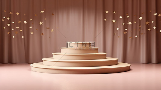 带楼梯和星空背景的高架产品展示台的 3D 渲染照片