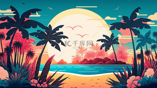 夏日海滩椰子树插画背景