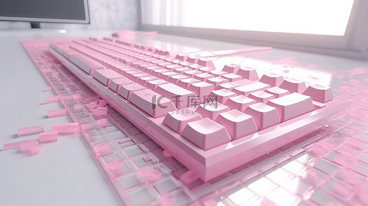 白色地板和粉红色 3d 渲染键盘