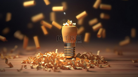 创新概念：灯泡照亮铅笔屑，铅笔在引人注目的 3D 壁纸上