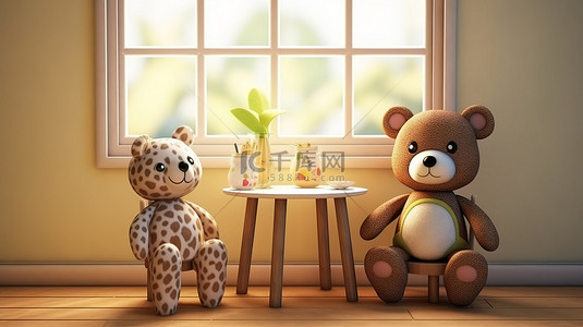 晚房间背景图片_坐在儿童房间或用餐区的熊和长颈鹿娃娃的 3D 渲染