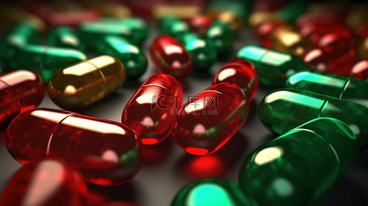 红色和绿色抗生素胶囊的生动 3D 渲染，实现最佳健康