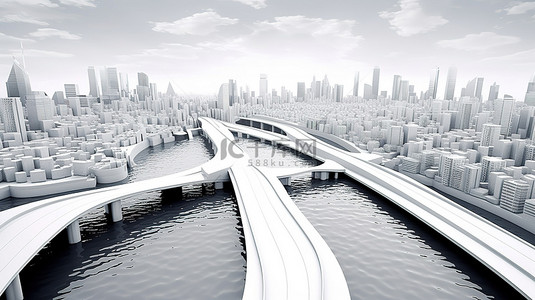 科技大城市背景图片_穿过 3d 城市景观的河流
