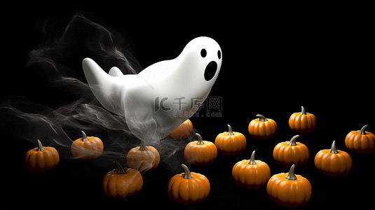 黑色万圣节背景 3D 渲染上一群飞翔的橙色南瓜中的幽灵