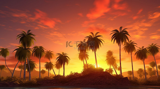 热带叶子自然背景图片_3d 热带景观中的日落棕榈树
