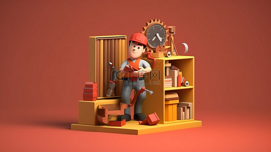 承包商卡通背景图片_通过这个 3D 卡通插图，体验成为工具箱构建者的一小时成为大师的体验