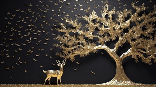 金毛鹿和树在深色墙壁上令人惊叹的 3D 壁纸艺术中栩栩如生