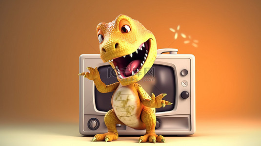有趣的 3D 恐龙角色手中的小电视