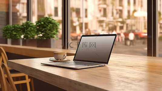 笔记本电脑模型的 3D 渲染放置在咖啡店简约而舒适的休息区的木桌上