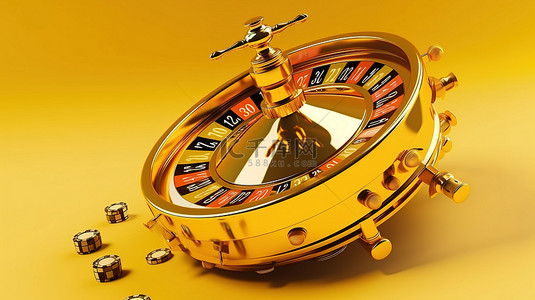 在线赌场真实轮盘赌轮和老虎机的黄色背景 3D 渲染