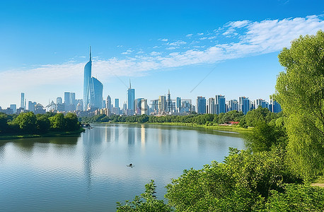 上海的城市天际线，旁边有树木和河流
