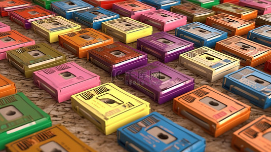 彩色背景音乐背景图片_以复古盒式磁带为特色的无缝图案的 3D 渲染图片