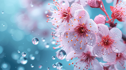 粉色节气背景图片_春天雨水节气雨中桃花设计