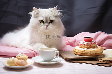 卡咖啡背景图片_一只猫站在一杯咖啡和几块糕点旁边