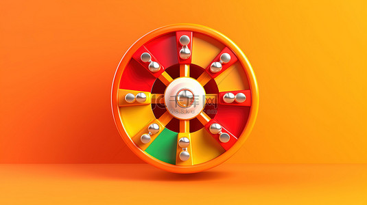 财富和繁荣说明了橙色背景 3D 渲染上旋转的充满活力的命运之轮