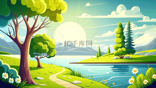 春天植物树木背景图片_河岸大树远山卡通插画背景