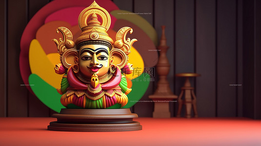 带有 3D 渲染的 kathakali 脸的最小讲台场景，用于 onam 期间的创意产品展示广告