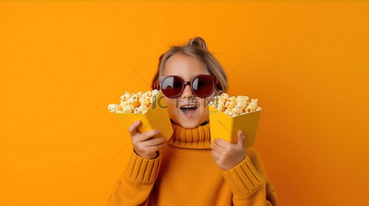 快乐男孩背景图片_戴着 3D 眼镜和爆米花的快乐孩子在黄墙前摆姿势