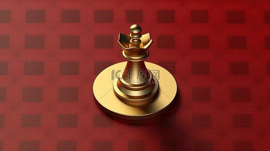 国际象棋标志背景图片_富丽堂皇的国际象棋女王闪亮的金色符号在哑光红板上 3D 渲染社交媒体图标