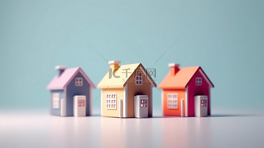 令人愉快的小房子模型的柔和彩色 3D 插图