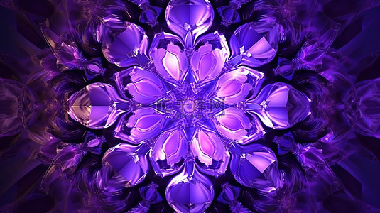 抽象万花筒装饰创意 3D 插图，配有闪闪发光的明亮紫色宝石