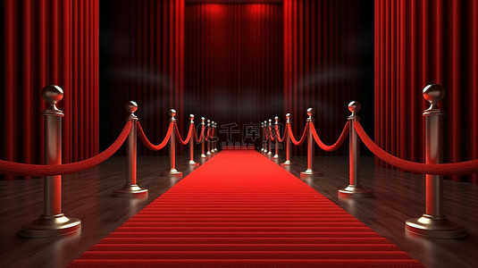 门红背景图片_宏伟的入口 3D 渲染长红地毯，配有绳索屏障楼梯和敞开的门