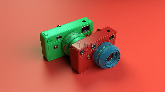 使用绿色和蓝色相机的红色背景的 3D 渲染插图