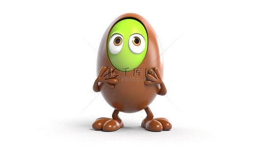3D 渲染的人物吉祥物，带有棕色鸡蛋和白色背景下的交通绿灯