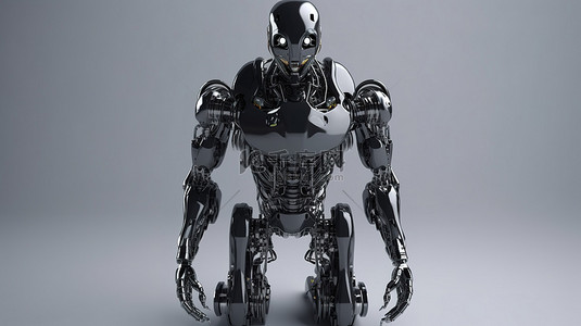 人工背景图片_灰色背景有一个 3D 渲染的黑色人工智能机器人