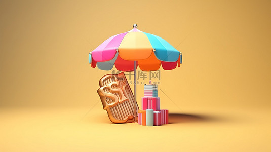 代金券礼包背景图片_3D 渲染夏季销售横幅，配有沙滩伞冰淇淋礼品包