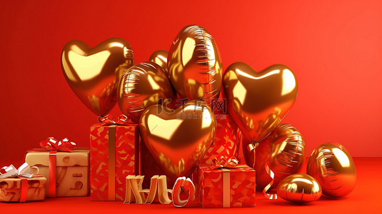 爱心字体背景图片_铝箔气球中的标题豪华情人节字体，带有 3d 心锥礼盒和红色背景上的球