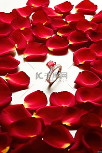 红玫瑰花瓣和玫瑰花瓣下的订婚戒指