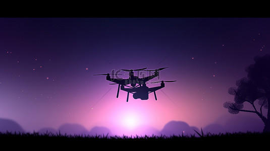 黄昏天空中飞行无人机的轮廓 3D 渲染图像