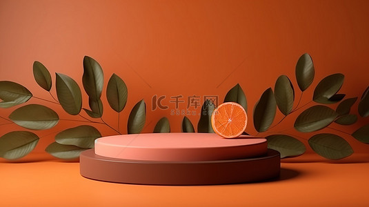 讲台上简约的 3D 橙色产品展示，叶影背景和天然产品