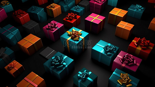 黑色背景多色礼品盒模型以 3D 插图展示节日礼物和黑色星期五销售概念的顶视图